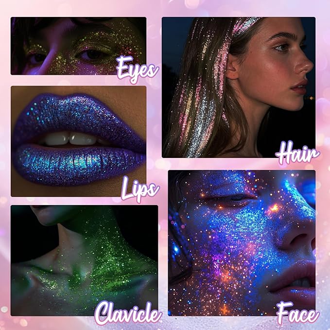 CAHOTO Pastel Rolling Glitter for Face Body & Hair, Sparkling Holographic Chunky Shimmer, Roll-on Sequins for Singer Concert Rave Festival Halloween Party Carnival, 1.35fl.oz