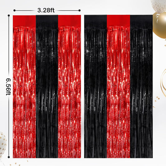 2 Pack Black Red Metallic Tinsel Foil Fringe Curtains, Door Streamers Photo Booth Backdrop for Birthday Party, Tinsel Curtain Backdrop for Baby Shower Bachelorette Christmas Party Decorations