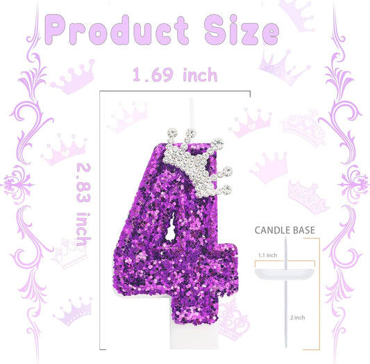 Birthday Candle for Cake, Crown Purple Number Candles, 2.76 inch Cake Topper Decoration for Birthday Party (Number 4)