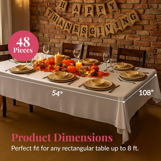Prestee 48 White Plastic Tablecloth 108x54 Inches - No See-Through Rectangular Disposable Tablecloths for Indoor and Outdoor Events - Heavy-Duty and Waterproof for Holiday and Thanksgiving