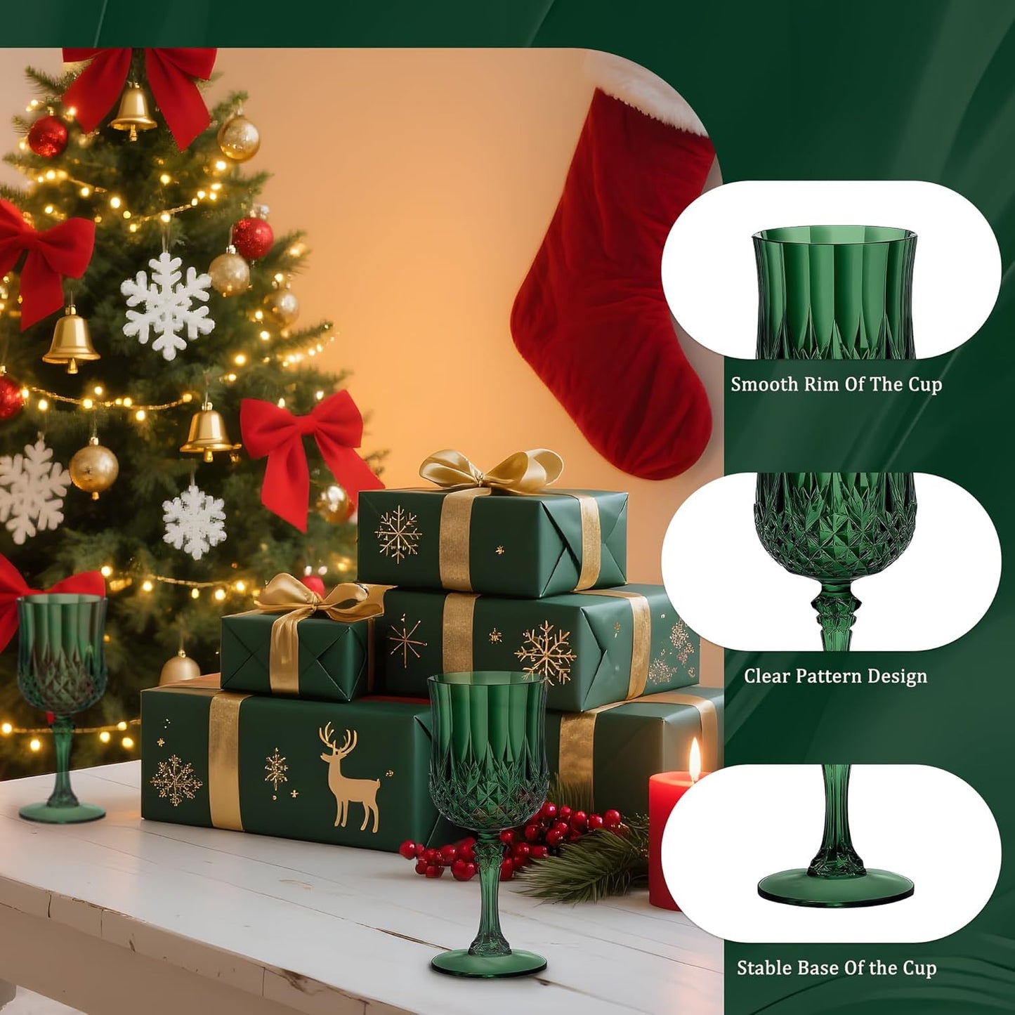 48PCS 7OZ Dark Green Wine Plastic Glasses, Drinking Champagne Glasses Flutes Crystal Vintage Water Unbreakable Goblets for Christmas Wedding, Parties