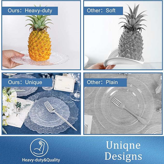 U-QE 60 Pieces Clear Plastic Plates for Party - Disposable & Reusable - Reef Disposable Plates - Premium Hard Plastic Plates for Wedding - Including 30 Dinner Plate 10 '' & 30 Dessert Plate 7 ''