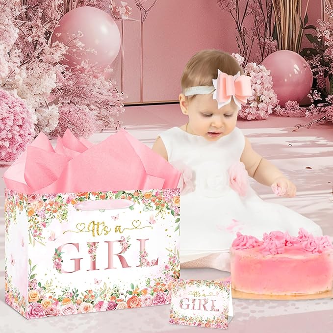 Wayyogh Baby Shower Paper Bag, Rose Gold Floral 'It's a Girl' Gift Bag with Wrapping Tissue Paper, Greeting Card and Handle for Girls' Baby Shower, Birthday Party Favors Decorations Supplies