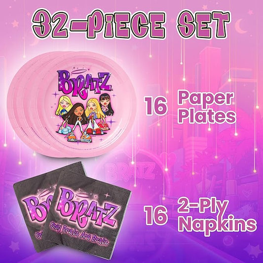 Silver Buffalo Bratz Dolls Featuring Yasmin, Sasha, Jade, and Cloe 32 Pack Partyware Disposable Paper Plates and Napkins