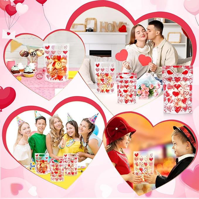 Blosssound 50 Pcs Valentine's Day Gift Bags Valentines Standing Plastic Reusable Red Heart Bag with Handles Galentines Day Wrapping Pouch for Classroom Wedding Birthday Party Favor (Mixed Valentines)