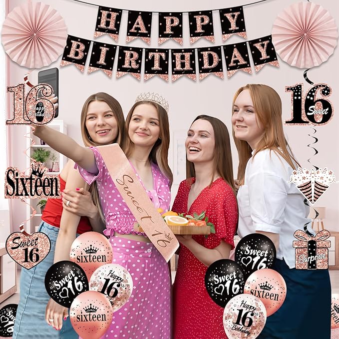 16th Birthday Decorations for Girls, 33pcs Sweet 16 Crown and Sash, Black Rose Gold Happy 16th Birthday Banner Balloons Backdrop Hanging Swirls Paper Fans, Sixteen Party Decorations Kit