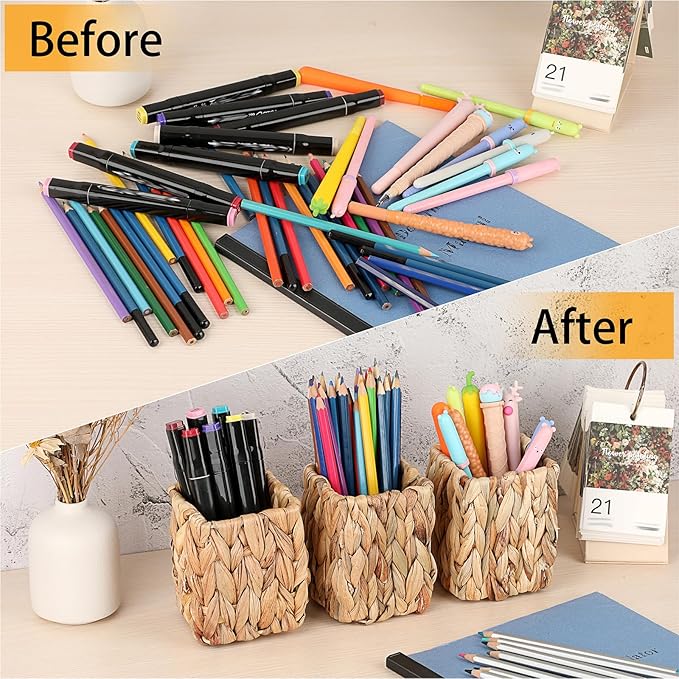 BTSKY 3 Pack Water Hyacinth Pencil Holder, Handmade Wicker Pen Cup Makeup Brushes Holder, Pen Pencil Cup Organizer Chic Woven Desktop Accessories Pens Container Box for Office Home Desktop, Square