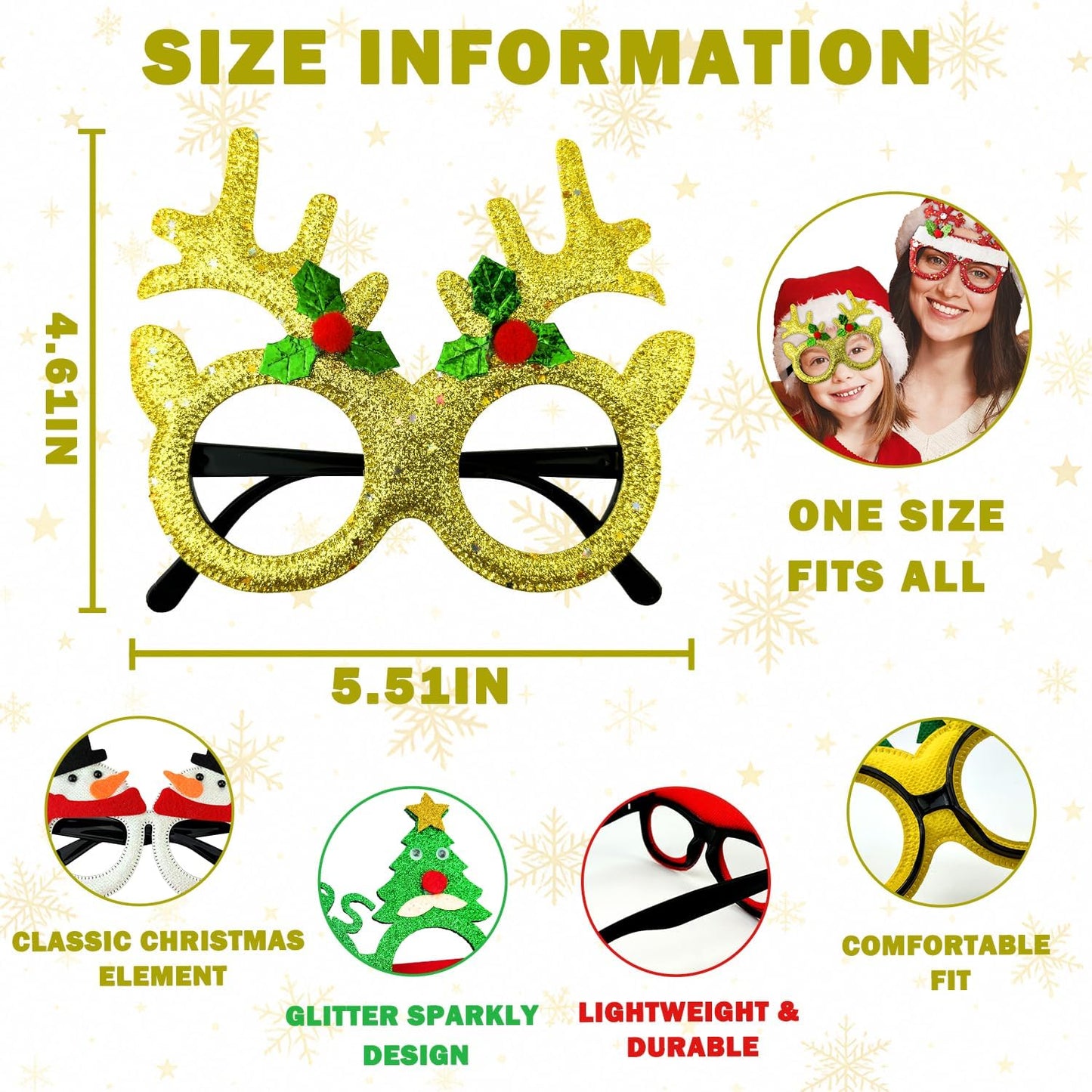 Christmas Glasses & Headband 12 Pack, Xmas Glitter Eyeglasses Frame & Headwear Accessories - One Size Fits All, Holiday Party Favor Supplies Classroom Game Prizes Gifts Photo Booth Props Outfit