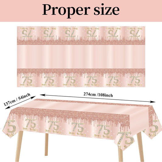 3 Pack Pink Rose Gold 75th Birthday Tablecloth Decorations - Plastic Disposable Rectangular Table Cover for Party Supplies