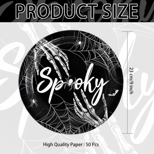 Grencian 50Pcs Halloween Spider Webs Plates 9” Disposable Heavy Duty Spooky Skeleton Hands Paper Plates For Halloween Flags Garden Party Decorations Supplies