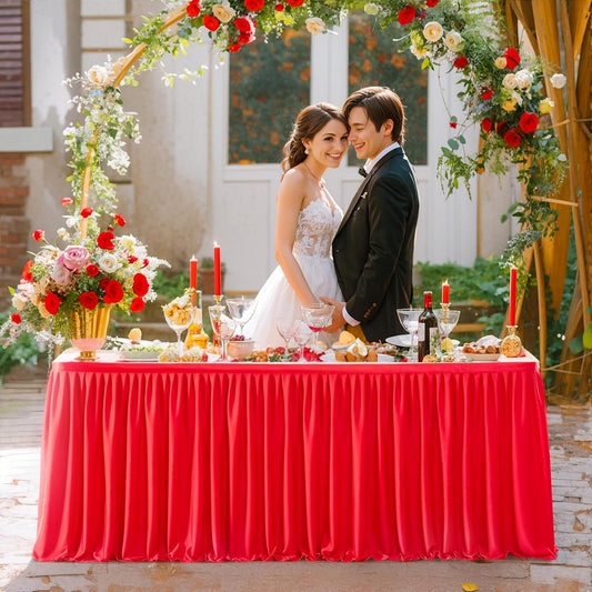 9ft Red Table Skirts for Rectangle Tables Polyester Pleated Table Skirt Desk Skirts Ruffle Table Skirt cloth for Wedding Birthday Party Baby Shower Bridal Shower Banquet Table Skirts