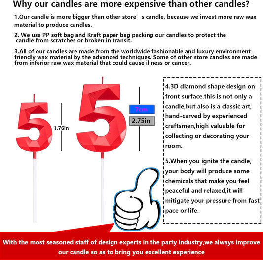 2.75in Tall 3D Diamond Shape Bright Red 5 Candles, Red Color Happy Birthday Cake Toppers Decorating and Celebrating for Adults/Kids Party/Family Baking (Bright Red Diamond Shaped 2.75in Number 5)