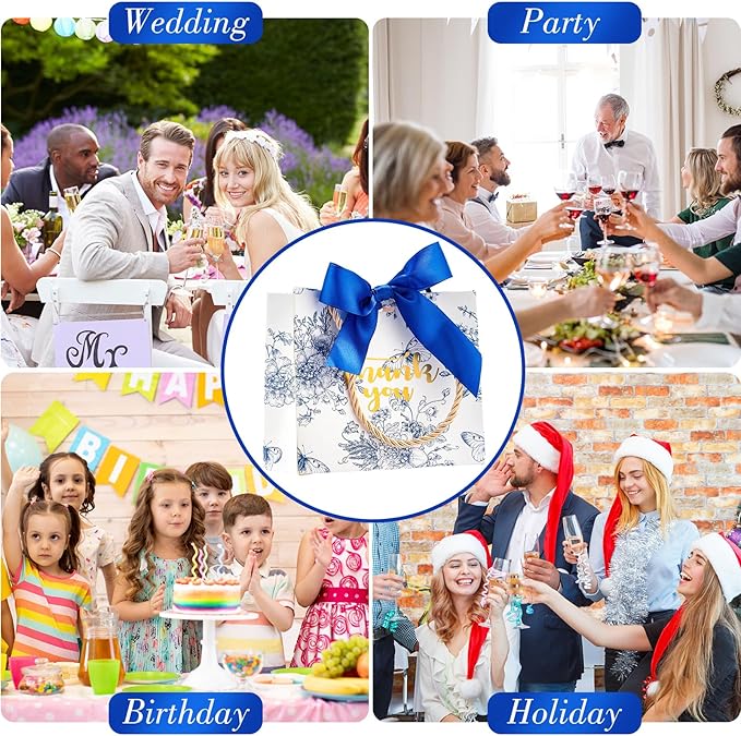 Kolldenn 40 Pcs Small Thank You Floral Gift Bags 5.5''x 2.4''x 4.7'' Blue White Paper Party Favor Bag with Handle Chinoiserie Floral Bag Bulk with Ribbon for Wedding Birthday Bridal Baby Shower