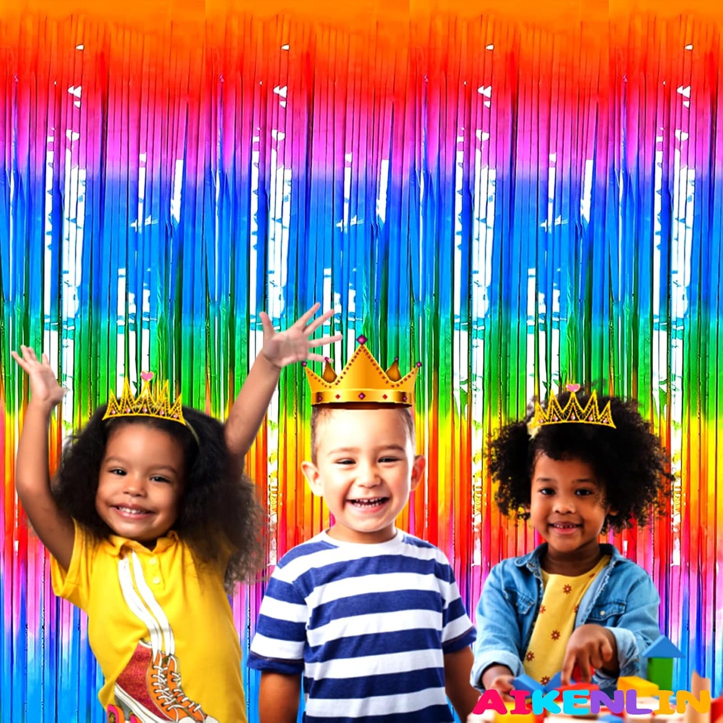 4 Pack 3.3Ft x 6.6Ft Rainbow Foil Fringe Curtain Backdrop, Colorful Metallic Tinsel Foil Fringe Streamers Curtains Background for Photo Booth, Birthday, Wedding, Halloween, Christmas Party Decoration