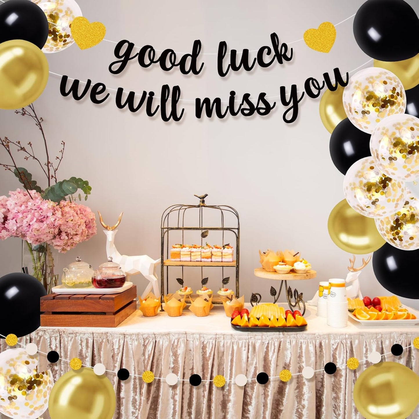 Farewell Party Decorations – Black Glitter Goodbye Banner “Good Luck, We Will Miss You”, Black Gold White Garland, Latex & Confetti Balloons for Retirement, Going Away, Goodbye Party Supplies