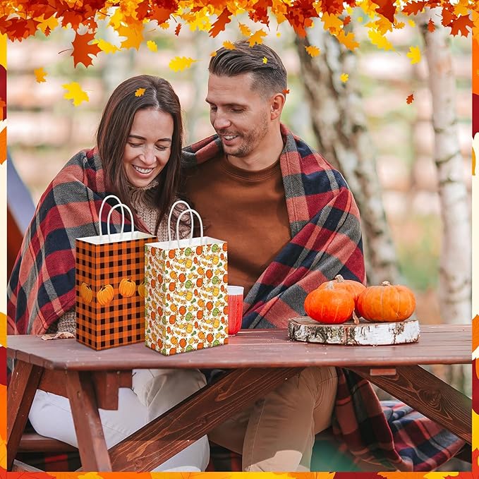 Glenmal 24 Pcs Thanksgiving Party Favors Bags Fall Gift Goodie Paper Bags with Handles Maple Leaf Pumpkin Pouch for Thanksgiving Party Decorations Supplies