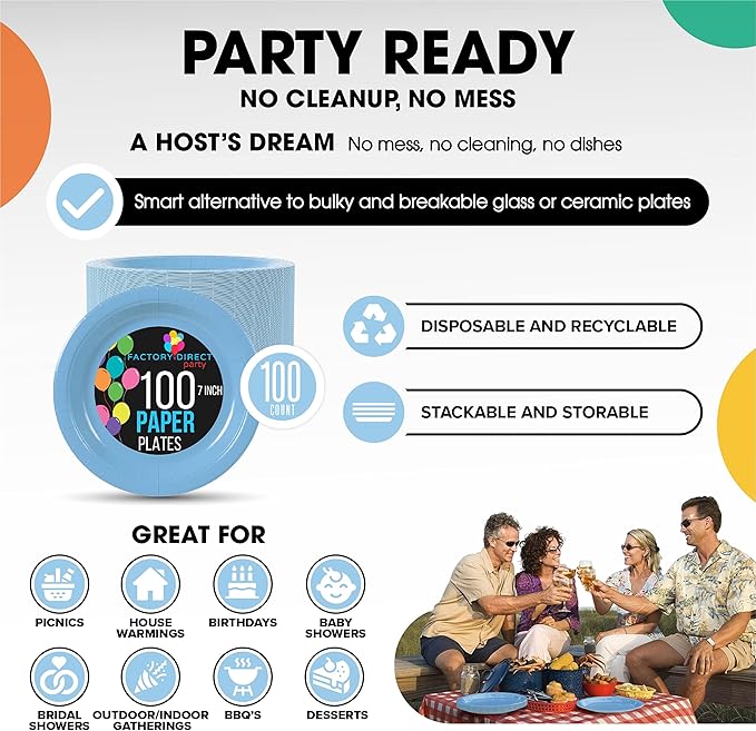 Exquisite Light Blue Paper Plates Disposable Heavy Duty 7 Inch Light Blue Disposable Plates For Party 100 Pcs Heavy Duty Paper Plate 350 GSM, Birthday Party Supplies Plate Set