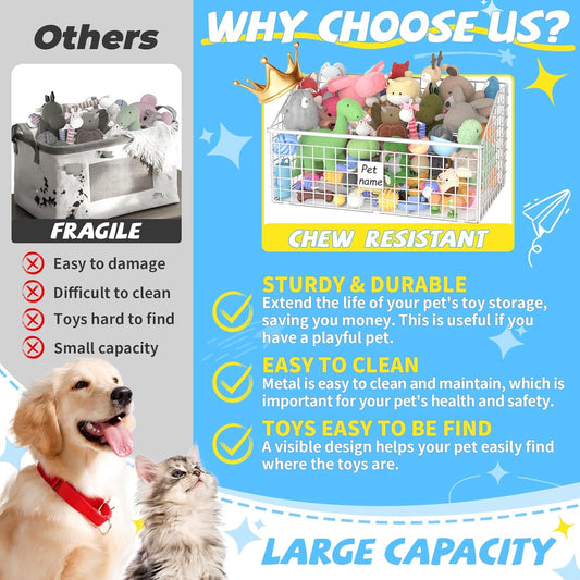 Indestructible Dog Toy basket, Large Toy Box for Dogs,Pet Toy Bin Dog Metal Basket for Toys, Toy Storage Organizer, Toy Box for Living Room Area (White)