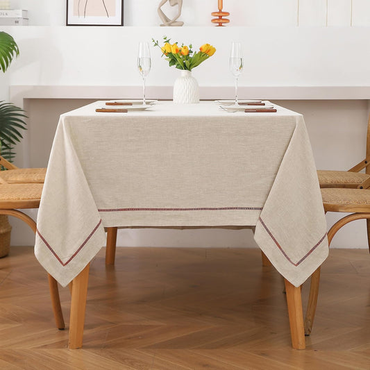 Linen World Hemstitch Linen Tablecloth,100% French Flax,60x108Inch Handcrafted Natural-Macchiato Linen Table Cloth,Tabletop Decoration,Kitchen & Dining Table Cloths