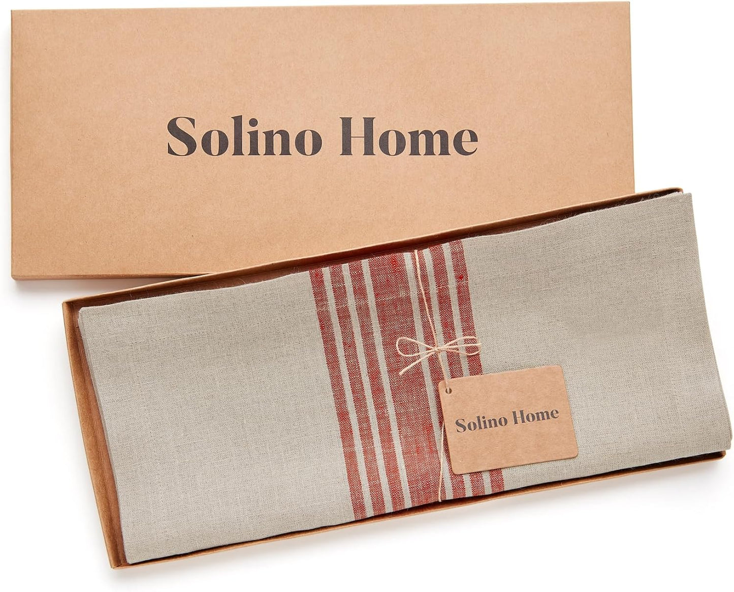 Solino Home Linen Striped Table Runner 90 Inches Long - Farmhouse 100% Pure Linen Red and Natural Dining Table Runner 14 x 90 Inch for Fall, Autumn, Christmas, Holiday