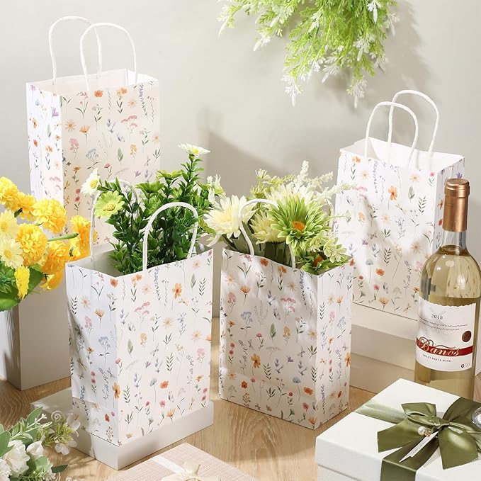 Kolldenn 24 Pcs Welcome Bags for Wedding Hotel Guests Birthday Party Paper Gift Bags with Handles for Halloween Bridal Birthday Party Favor, 8.3'' x 5.9'' x 3.1''(Wildflower)