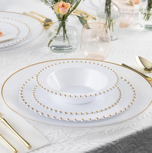 PLASTICPRO 32 Piece Plastic Dinner Plates Bowls Disposable Plastic Fancy Heavy Duty Party Dishes 12 oz White and Gold Bead Bowls