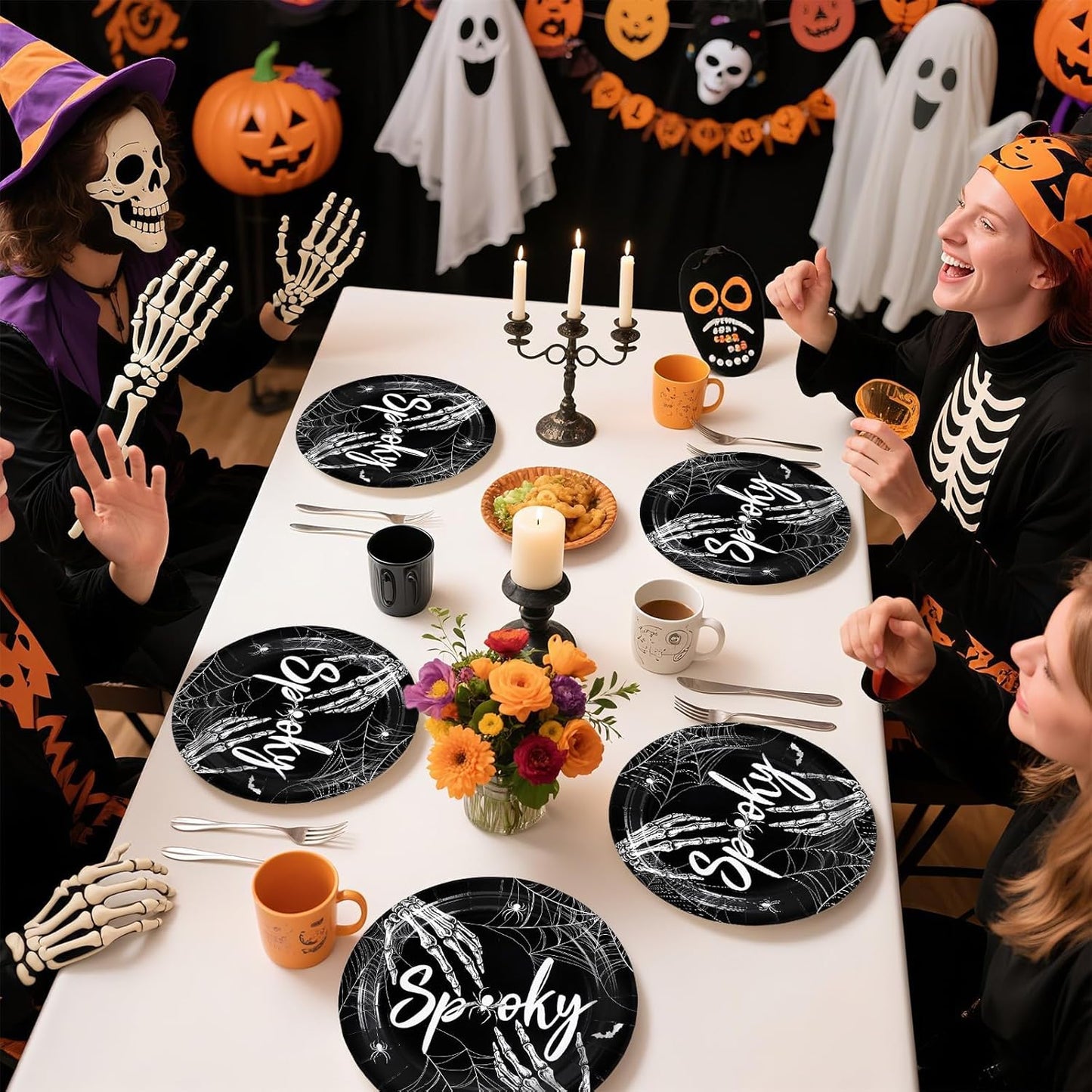 Grencian 50Pcs Halloween Spider Webs Plates 9” Disposable Heavy Duty Spooky Skeleton Hands Paper Plates For Halloween Flags Garden Party Decorations Supplies