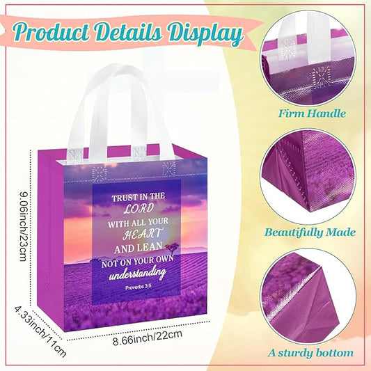 HunnmingRe 64 Pcs Christian Gift Bags Bulk, Easter Reusable Scene Religious Bible Verse Tote with Handles Non Woven Scripture Pastor Blessing Gift for Baptism Church Wedding Favors