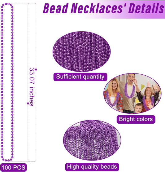 100PCS Mardi Gras Beads, Mardi Gras Beads Party Favors, Purple 33" Bead Toy Necklaces Costume Bulk, Festival Parade Throw Accessories for Halloween Mardi Gras Wedding Birthday Celebrations Decor