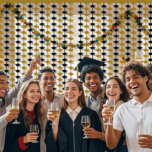 Graduation Party Decorations - 2 Packs Black and Gold Foil Fringe Streamers Curtains for College High School Graduate, Glitter Graduation Hats Backdrop Decorations(3.3x6.6 ft)