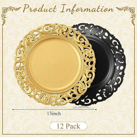 12 Pcs Vintage Gold Charger Plates Bulk 13 Inch Embossed Rim Plastic Round Decorative Plates Charger for Dinner Wedding Party Event Table Setting Decoration (Hollowed out)