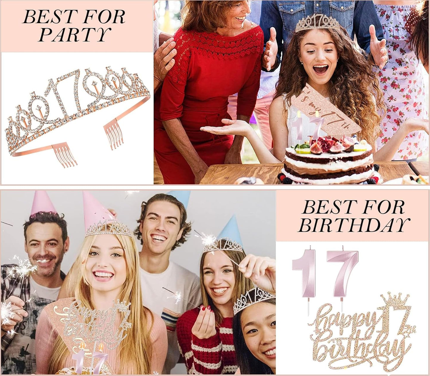 17th Birthday Decorations for Girls, 17th Birthday Sash and Crown, Cake Topper, Number Candles and Balloons, 17 Year Old Gifts for Girls