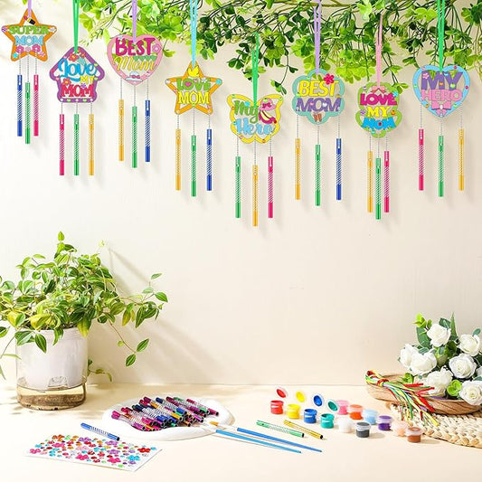 DoubleFill 30 Pack Mother's Day Wind Chime Kit Mom Crafts Make You Own Wind Chimes DIY Coloring Wooden Art and Craft Bulk for Mom's Birthday Gifts Party Decoration Hanging Ornaments