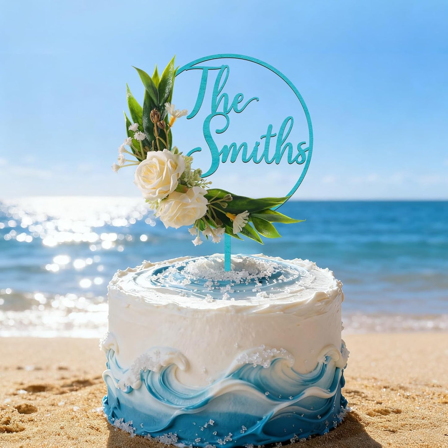 3D Flowers Wedding Cake Topper Custom Last Name Wedding Cake Decoration in Wood with 3D Artificial Roses (Turquoise)