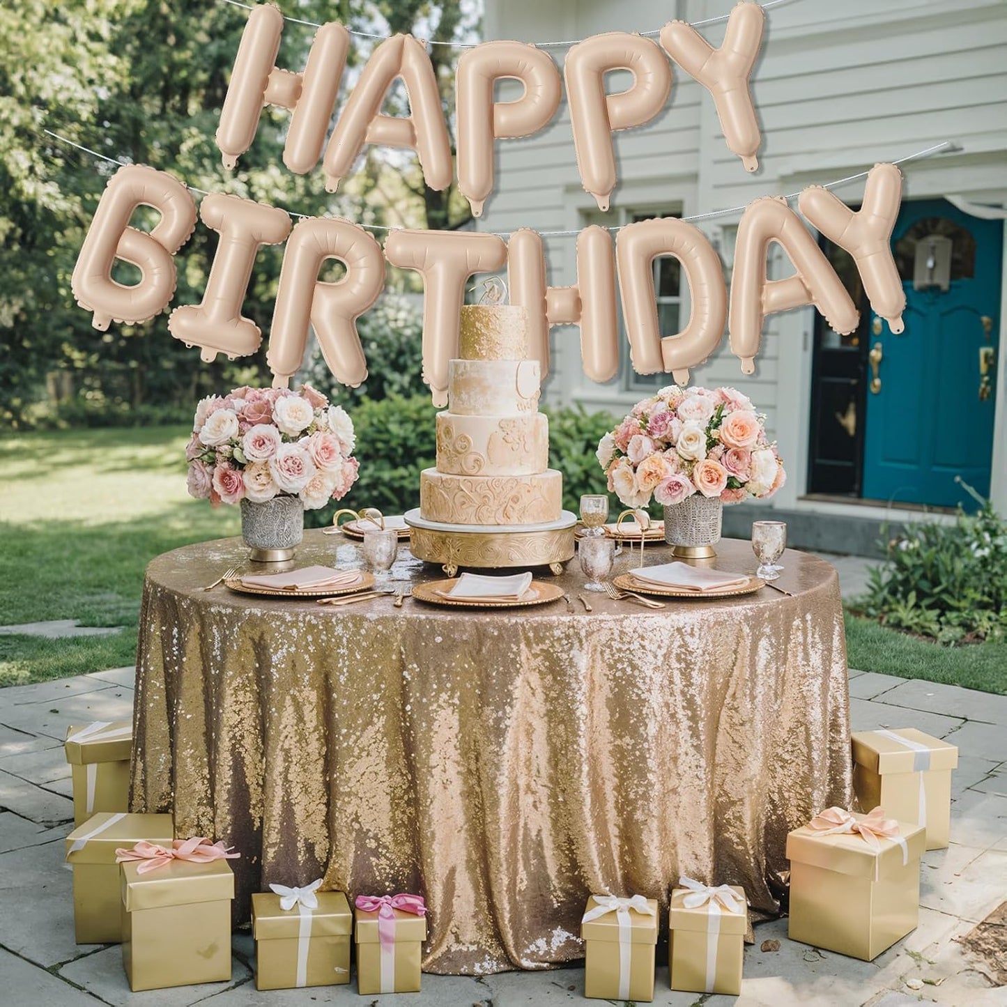 Happy Birthday Balloon Banner Beige, 16 Inch Neutral Tan Self Inflating Happy Birthday Foil Balloon, Nude Born Day Bunting Banner Letter Balloons for Men Women Bday Party Decorations Supplies