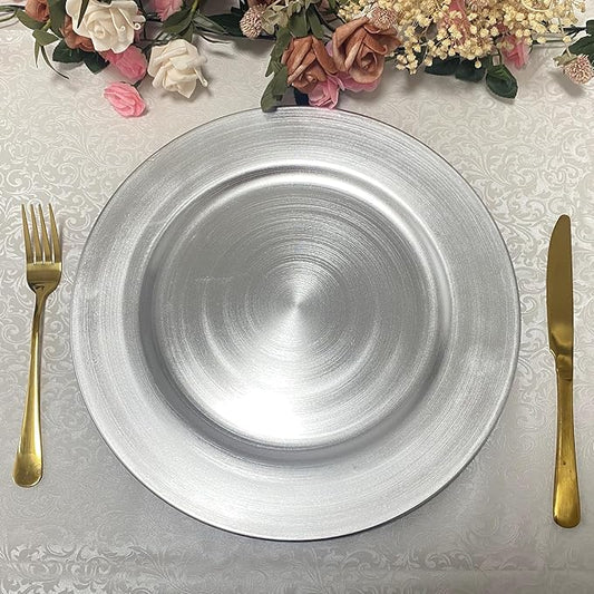 13inch Round Plastic Charger Plates,Set of 8,Charger Plates for Dinner,Wedding,Party,Event Decoration. (Metallic foil Silver) …