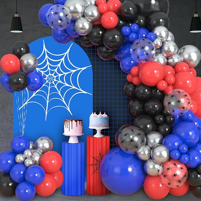 Amandir 153pcs Black Red Blue Balloon Arch Garland Kit, Different Sizes 18 12 10 5 inch Red Blue Sliver Spider Balloons for Boys Spider Theme Birthday Party Decorations