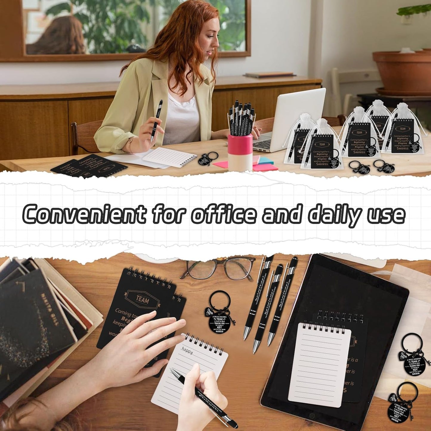 CZWZ 80 Pcs Employee Appreciation Gifts Set, Includes Notepads Pens Thank You Keychains and Organza Bags, Team Recognition Gifts for Coworkers Staff Employees Retirement Birthday Christmas(Black)