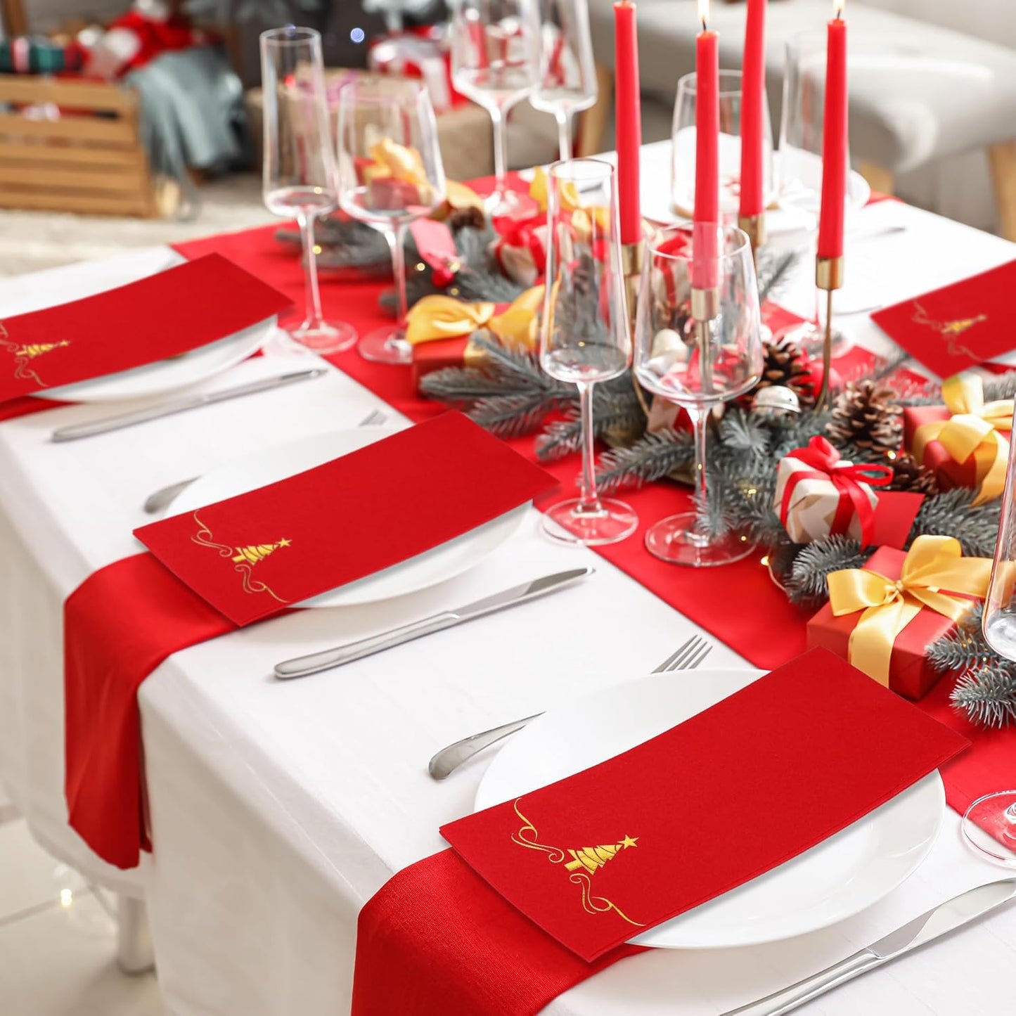 100 Pack Disposable Guest Napkins - 12 x 17 Inch Gold Foil Christmas Trees Napkins - Xmas Tree Hand Towels for Bathroom, Kitchen, Weddings, Holiday Party, Red