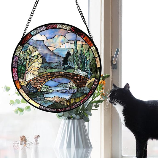 Stained Glass Window Hanging, Blue Landscape Arch Bridge Sun Catcher for Door Home Decor Suncatcher Christmas Mother's Day Birthday Gifts for Women Men Mom and Nana 11.8 in