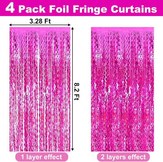 4 Pack Rose Red Fringe Curtain Backdrop 3.2Ft x 8.2Ft Metallic Tinsel Foil Fringe Streamers Background for Photo Booth Mother's Day, Easter, Carnival, Birthday, Wedding Party Decoration