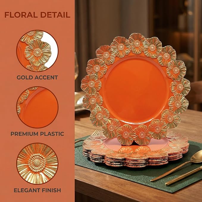 Orange Charger Plates with Flower Rim, 13" Round Charger for Dinner Plates, Set of 6 Plastic Plate Chargers for Halloween, Thanksgivng, Christmas.