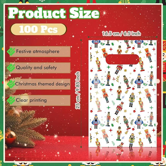 Supervitae 100 Pcs Christmas Nutcracker Plastic Gift Bags Bulk Xmas Party Favor Bags with Handles for Holiday Birthday Wedding Snacks Goodie Candy Treat Party Supplies, 9.84''x6.5''