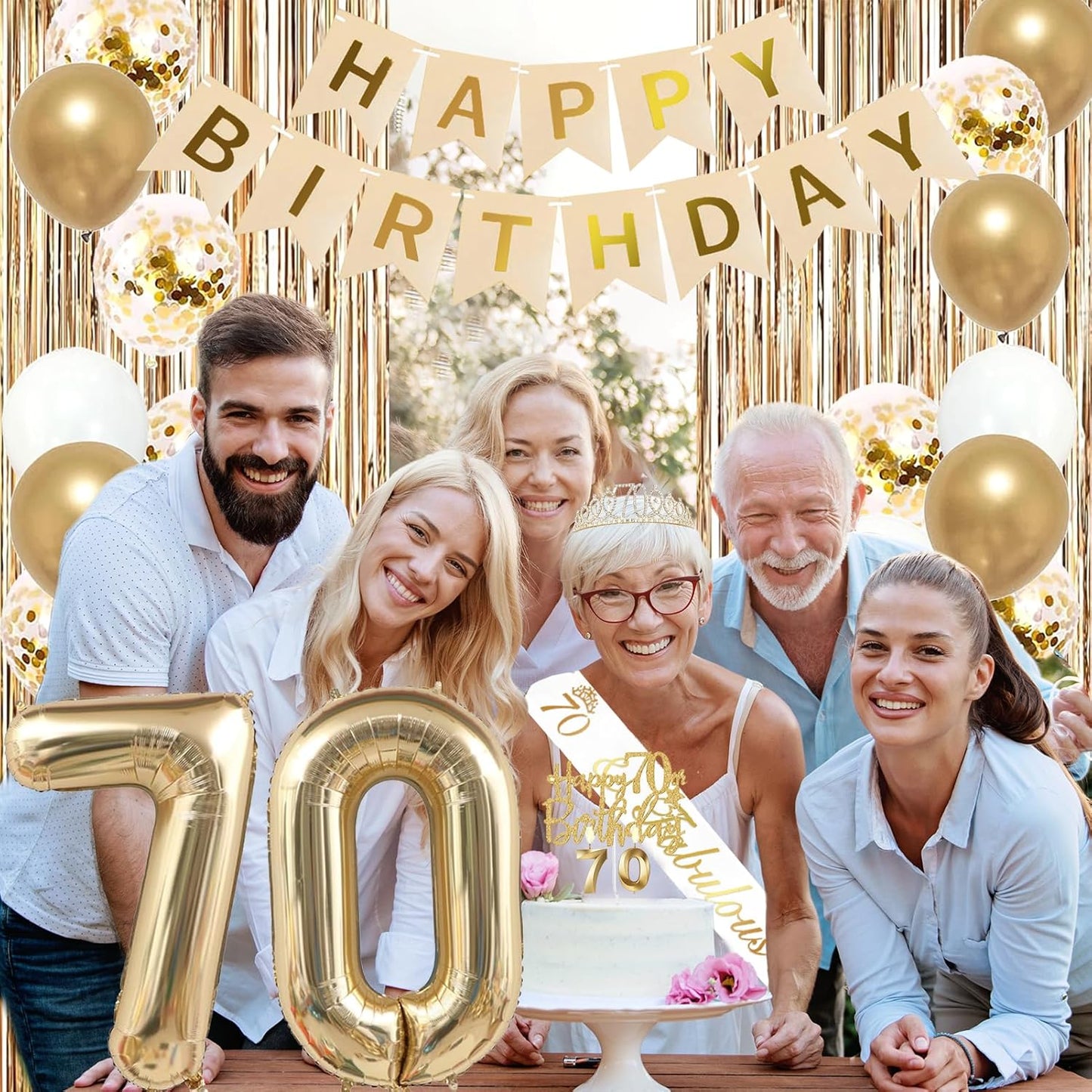 Trgowaul 70th Birthday Decorations for Women, Banner, Sash and Crown, Cake Topper, 70 Number Balloon, Fringe Curtains, Champagne Gold 70th Birthday Party Supplies
