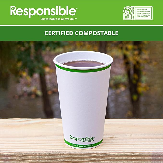 Responsible Products Certified Compostable 16 oz Paper Cups, Cold & Hot Coffee Cups, Disposable Paper Cups, Extra Strength Disposable Cups, Made without PFAS (50 count)