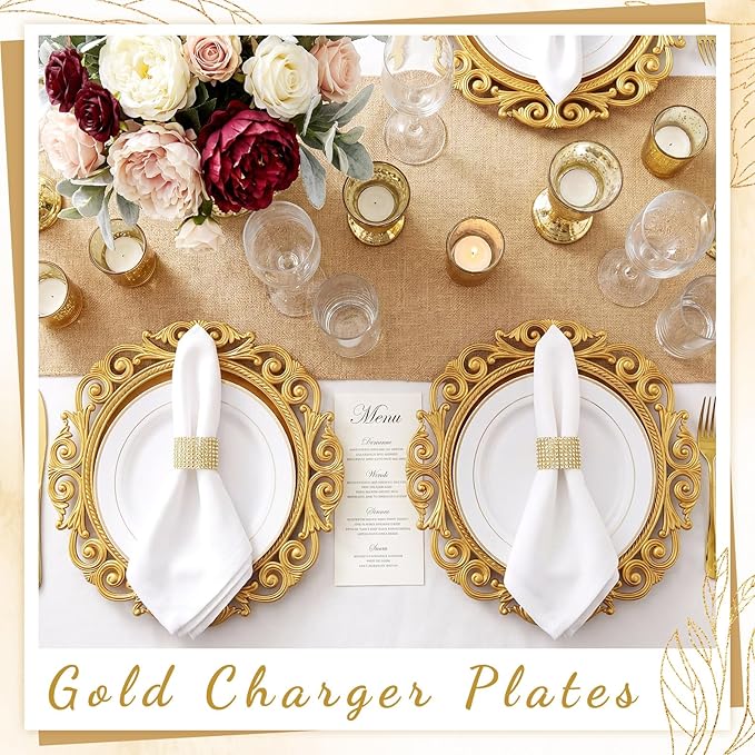 12 Pcs Vintage Gold Charger Plates Bulk 13 Inch Embossed Rim Plastic Round Decorative Plates Charger for Dinner Wedding Party Event Table Setting Decoration (Hollowed out Wave)