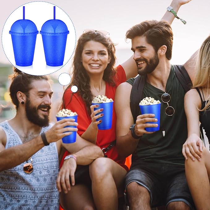 6 Set Slushie Cups with Dome Lids and Straws Detachable Spoon Straws Reusable Plastic Iced Coffee Cups Smoothie Tumbler for Birthdays Summer Party Supplies(Blue,16 oz)