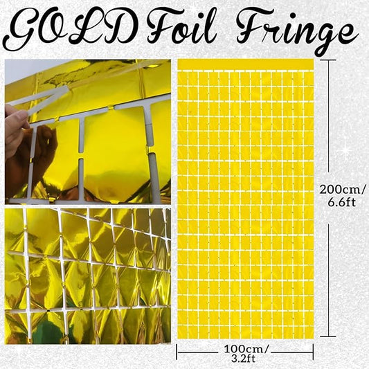 GOER Gold Party Backdrop Metallic Tinsel Foil Fringe Curtains Photo Booth for New Year's Eve Graduation Birthday Wedding Baby Shower Bachelorette Holiday Celebration Party Decorations (2 Packs)