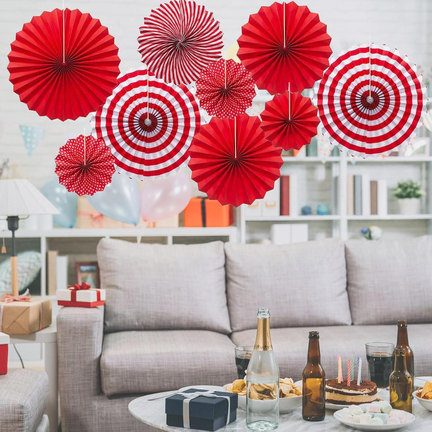 Hanging Paper Fans Set 12PCS Red Party Decorations Round Fan Wall Decor Paper Garlands Flower Decorative for Birthday Festival Party Wedding Graduation Events Accessories