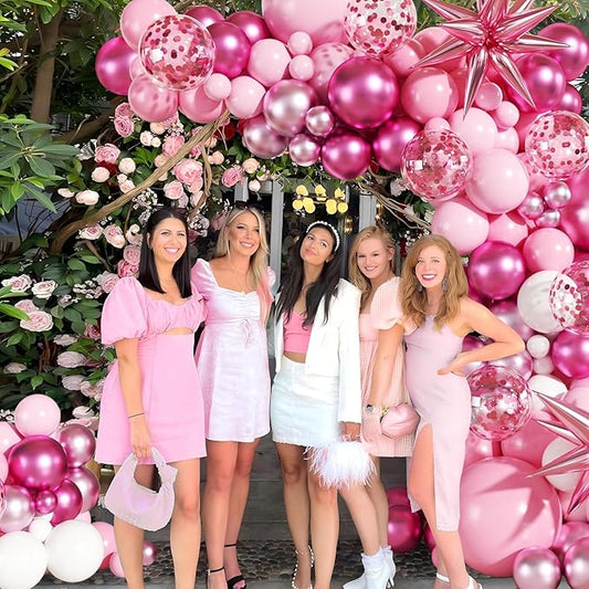 Pink Balloon Garland Arch Kit, 140Pcs Hot Light Metallic Pastel Pink White Confetti Balloons With Stars for Birthday Valentines Day Birdal Shower Wedding Gender Reveal Graduation Party Decorations